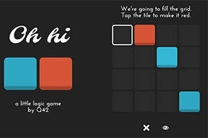 黒い背景に、青と赤の四角形が並んでおり、右側に3x3のグリッドがある。