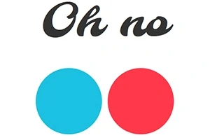 黒い筆記体で「Oh no」と書かれ、その下に水色と赤の円が並んでいる。