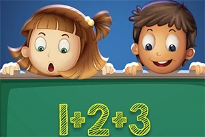 黒板の上に数式「1+2+3」と驚いた表情の女の子と微笑む男の子。