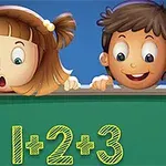黒板の上に数式「1+2+3」と驚いた表情の女の子と微笑む男の子。