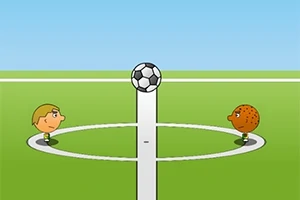 緑のサッカー場の中央でサッカーボールを挟んで向かい合う2人のキャラクター。