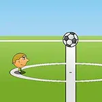 緑のサッカー場の中央でサッカーボールを挟んで向かい合う2人のキャラクター。