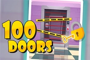 紫色の壁に囲まれたドアが警告テープで封鎖されており、その横に大きく「100 DOORS」と書かれた文字がある。