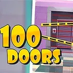 紫色の壁に囲まれたドアが警告テープで封鎖されており、その横に大きく「100 DOORS」と書かれた文字がある。