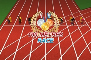 赤い陸上トラック上に並んだ複数のランナーと「100 METRES RACE」と書かれたメダルのロゴ。