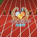 赤い陸上トラック上に並んだ複数のランナーと「100 METRES RACE」と書かれたメダルのロゴ。