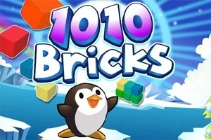 カラフルなブロックと氷の背景に、かわいいペンギンと大きな「1010 Bricks」の文字。