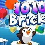 カラフルなブロックと氷の背景に、かわいいペンギンと大きな「1010 Bricks」の文字。