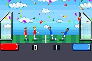 ピクセルアートスタイルのサッカーゲームで赤と青のユニフォームを着たキャラクターがゴール前で祝っている。