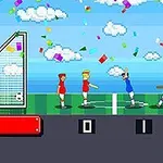 ピクセルアートスタイルのサッカーゲームで赤と青のユニフォームを着たキャラクターがゴール前で祝っている。