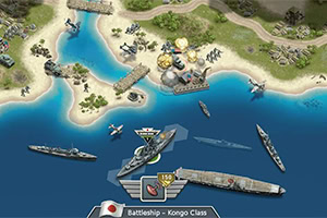 青い海に囲まれた島の浜辺に、軍艦や戦闘機が配置された戦術的な戦闘シーン。