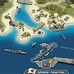 青い海に囲まれた島の浜辺に、軍艦や戦闘機が配置された戦術的な戦闘シーン。