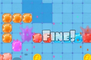 青いグリッド上にオレンジと赤の宝石ブロックと「FINE!