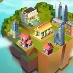 空中に浮かぶ島に、現代風の高層ビルや古典的な建物が配置されている風景。