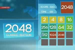 青い背景に、スコアとタイムのボックス、数字の並んだグリッド、そして「2048 CLASSIC EDITION」の文字が表示されています。