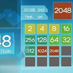 青い背景に、スコアとタイムのボックス、数字の並んだグリッド、そして「2048 CLASSIC EDITION」の文字が表示されています。
