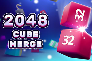 青い背景に「2048 CUBE MERGE」の文字と、数字「32」が書かれた赤い立方体ブロックが光を放ちながら浮かんでいる画像。