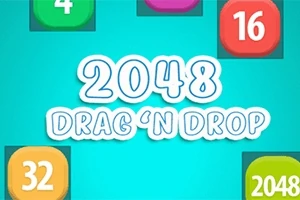 青い背景に白い文字で「2048 DRAG N DROP」と書かれており、周囲に数字の入ったカラフルなブロックが配置されています。