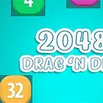 青い背景に白い文字で「2048 DRAG N DROP」と書かれており、周囲に数字の入ったカラフルなブロックが配置されています。