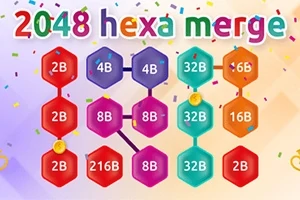 カラフルな背景の上に「2B」「4B」などの数字が表示された六角形のブロックが並んでおり、上部に「2048 hexa merge」の文字がある。