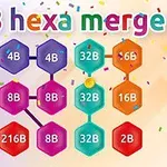 カラフルな背景の上に「2B」「4B」などの数字が表示された六角形のブロックが並んでおり、上部に「2048 hexa merge」の文字がある。