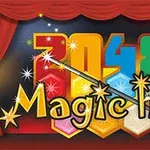 赤いカーテンの前に「2048 Magic hex」という文字が魔法の杖で装飾されています。