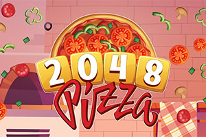トマトと野菜が載ったピザの前に「2048 PIZZA」の文字があるイラスト