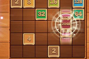 数字ブロックが並べられた木製デザインのグリッドで、「2048」のブロックが中心に光っている。