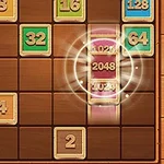 数字ブロックが並べられた木製デザインのグリッドで、「2048」のブロックが中心に光っている。
