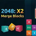 カラフルな数字のブロックが並び、タイトルテキスト「2048: X2 Merge Blocks」が配置されている画像。