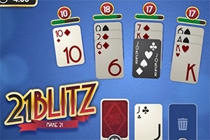 青い背景に4つのカードの列と、中央下に「21BLITZ」と書かれたロゴが表示されています。