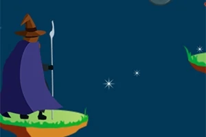 魔法使いの姿をしたキャラクターが杖を持ち、浮遊するプラットフォーム上に立っている。