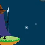 魔法使いの姿をしたキャラクターが杖を持ち、浮遊するプラットフォーム上に立っている。
