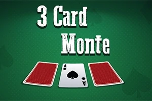 緑色の背景に「3 Card Monte」という文字と、中央にスペードのエースが見えるカード3枚のイラスト。
