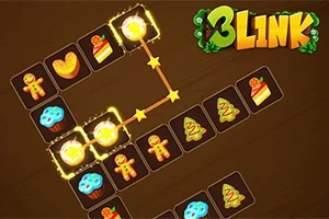 茶色の背景に、クッキーやカップケーキ、クリスマスツリーなどのアイコンが並ぶパズルゲームの画面。