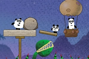 パンダのキャラクターが木のプラットフォームや気球の上にいて、下には植物がある風景。