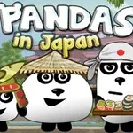 3匹のパンダが和風の帽子と兜をかぶり、寿司を持って立っている。