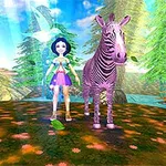 紫色のスカートを履いた女性とシマウマが森の中の花が咲いた地面に立ち、背景には木々と川が見える。
