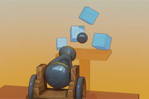 木製の大砲が青い立方体と黒い球を空中へ発射している3Dイラスト
