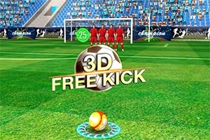 サッカー場でフリーキックの場面を示す画面、手前にサッカーボールと「3D FREE KICK」の文字。