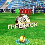 サッカー場でフリーキックの場面を示す画面、手前にサッカーボールと「3D FREE KICK」の文字。