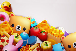 かわいいクマのキャラクターと様々な食品やアイテムのおもちゃが並ぶカラフルなイラスト。