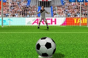 サッカーボールがゴールに向かって置かれており、背景には準備中のゴールキーパーが見えるサッカーのペナルティキックシーン。