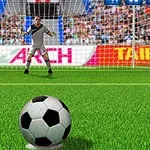 サッカーボールがゴールに向かって置かれており、背景には準備中のゴールキーパーが見えるサッカーのペナルティキックシーン。