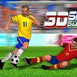 黄色と青のユニフォームを着たサッカー選手がドリブルしており、赤いユニフォームの選手がスライディングしている。