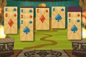 火のついた石像の間に並べられたカードが表示されている画像。