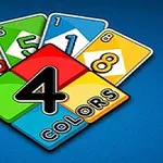 青い背景に、赤、緑、青、黄のカードが並び、「4 COLORS」の文字が中央に配置されています。