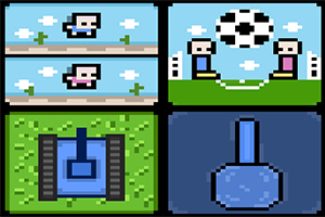 青い背景に、四つの異なるドット絵のキャラクターがサッカーやタンクなどのシーンで描かれている。