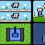 青い背景に、四つの異なるドット絵のキャラクターがサッカーやタンクなどのシーンで描かれている。