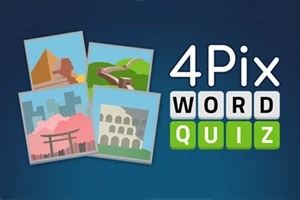4枚の絵と「4Pix WORD QUIZ」という文字が描かれた青い背景の画像。